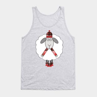 Cosy Winter Sheep With Red, Black and White Tartan Hat, Scarf and Boots Tank Top